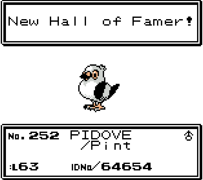 A screenshot of pidove in the pokemon crystal hall of fame.
