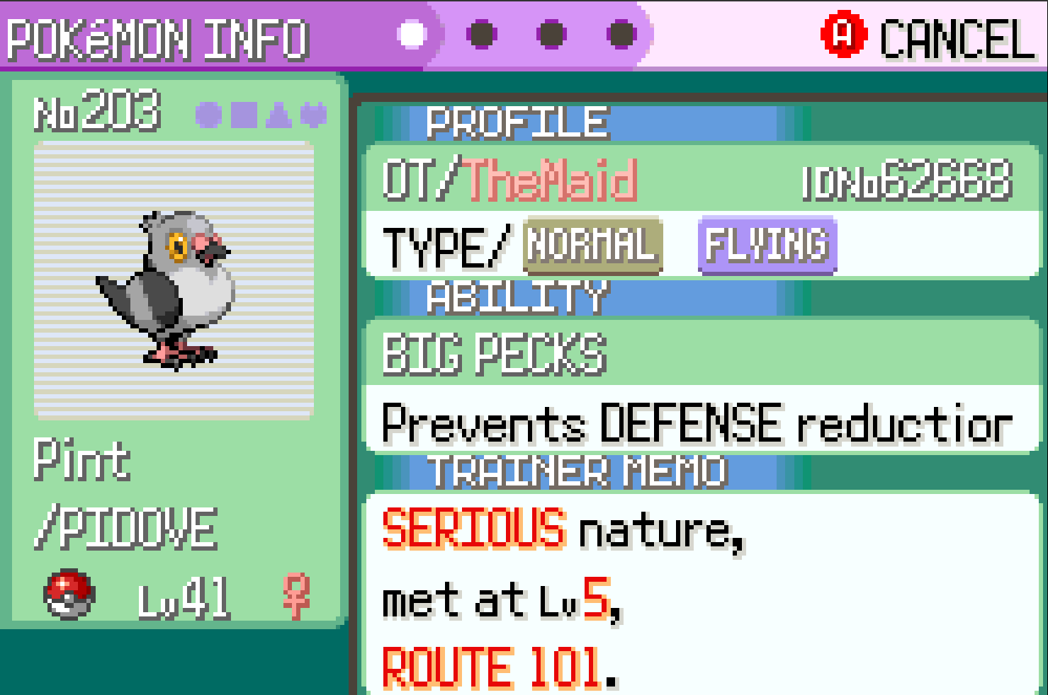 A screenshot of pidove's about section in pokemon emerald.