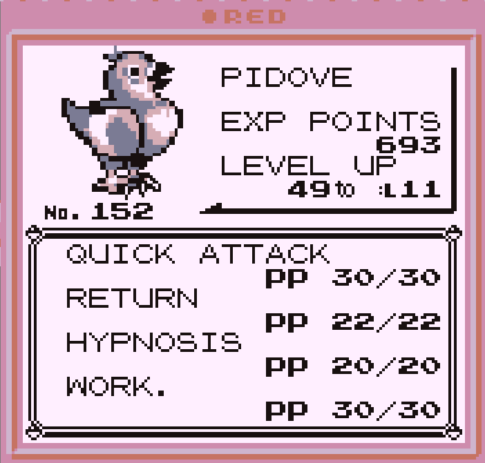 A screenshot of pidove's about section in pokemon red.